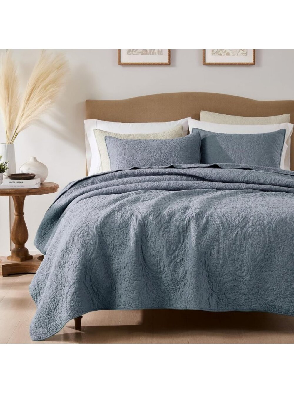 Dusty Blue Paisley King Quilt Set, 100% Cotton, Boho Floral Bedding, 3-Piece